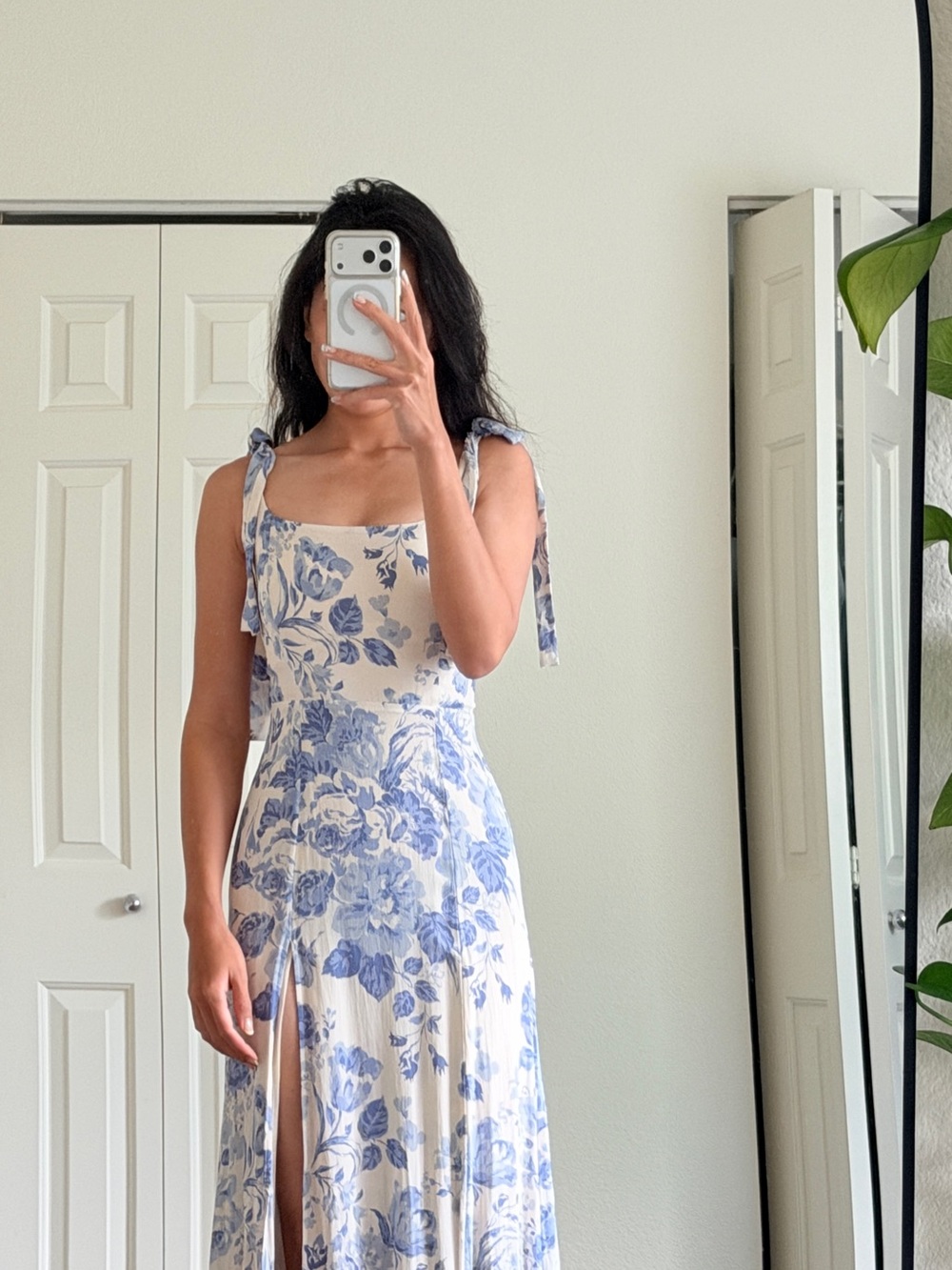 Reformation Cream and Blue Floral Midi Dress with Tie Straps